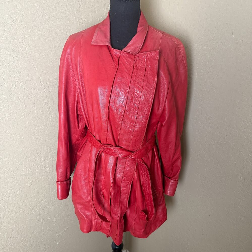 Nikos Paschalis Red Leather Belted Jacket Coat Asymmetrical Collar Greece